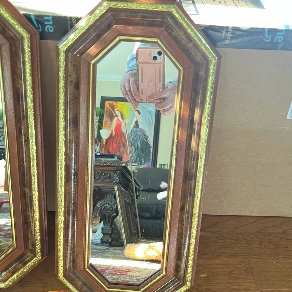 Vintage Octagon Mirror Wood with Gold Trim 18-1/2” X 8-1/2” Set Of 2